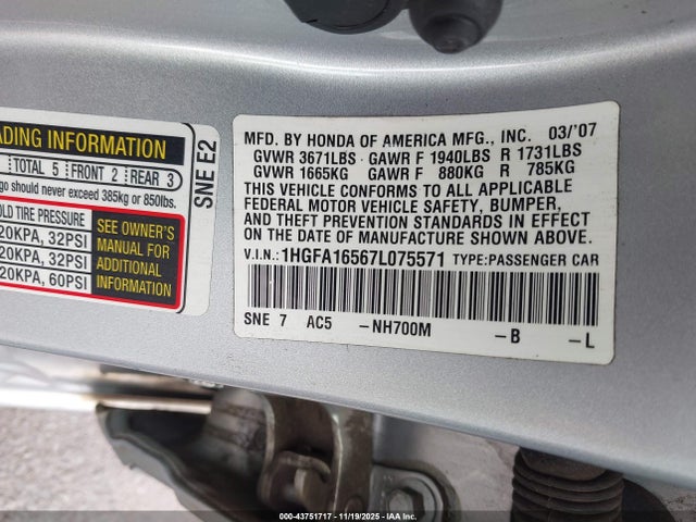 2007 Honda Civic Lx მანქანა იყიდება აუქციონზე, vin: 1HGFA16567L075571, აუქციონის ნომერი: 43751717