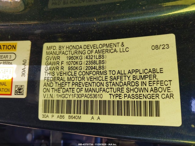 1HGCY1F30PA053610 Honda ACCORD EX