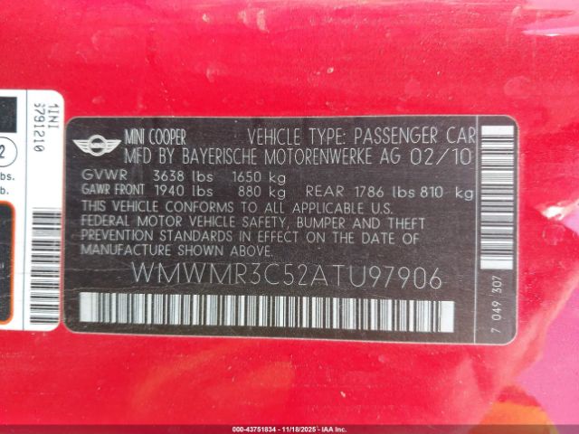 2010 MINI COOPER WMWMR3C52ATU97906 Photo 8