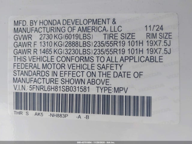 Honda Odyssey Touring 2025 5FNRL6H81SB031581 Image 9