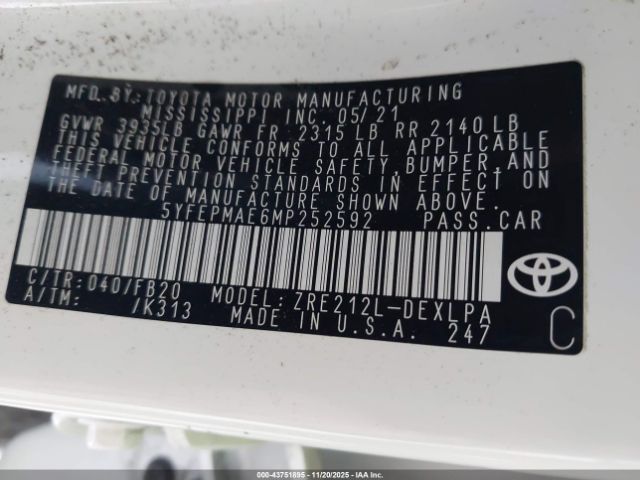 2021 TOYOTA COROLLA 5YFEPMAE6MP252592 Photo 8