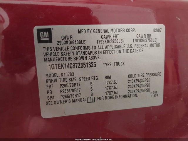 43751900 :رقم المزاد ، 1GTEK14C87Z551325 vin ، 2007 Gmc Sierra 1500 Sle1 مزاد بيع