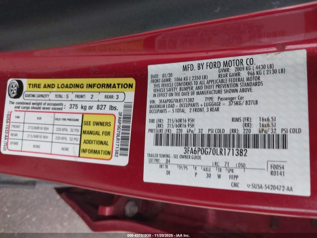 Ford FUSION S 2020 3FA6P0G70LR171382 Image 9