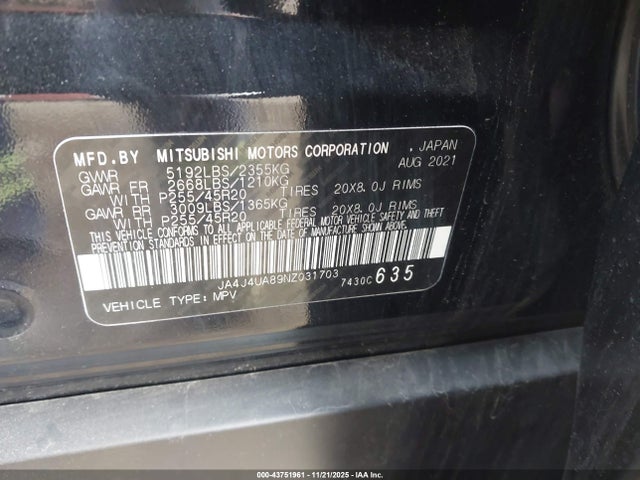 Продажа на аукционе авто 2022 Mitsubishi Outlander, vin: JA4J4UA89NZ031703, номер лота: 43751961