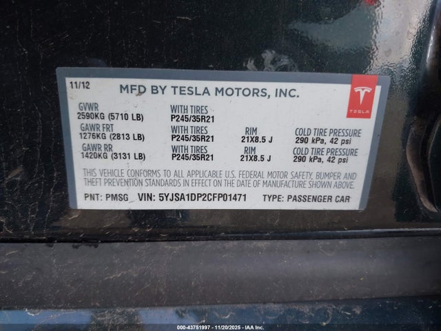 2012 TESLA MODEL S 5YJSA1DP2CFP01471 Photo 8