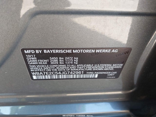 Продажа на аукционе авто 2018 Bmw 740i, vin: WBA7E2C54JG742961, номер лота: 43752014