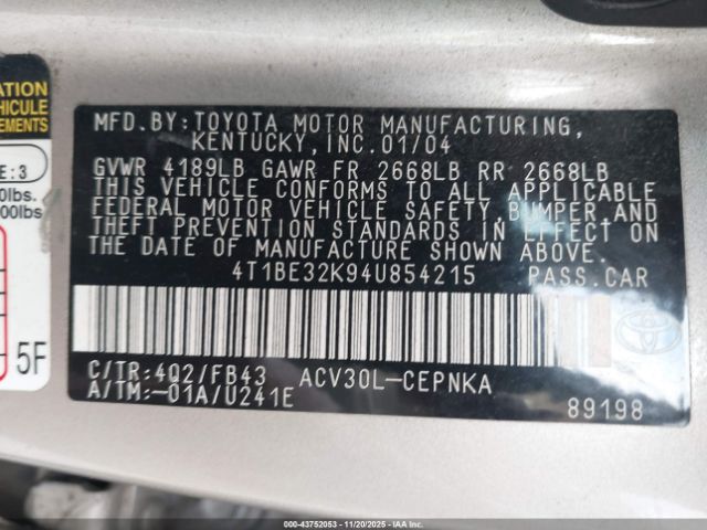 2004 TOYOTA CAMRY 4T1BE32K94U854215 Photo 8