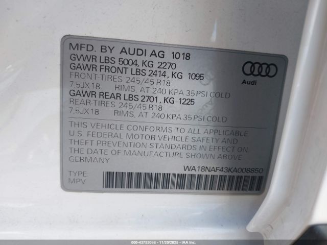 2019 AUDI A4 ALLROAD WA18NAF43KA008850 Photo 8