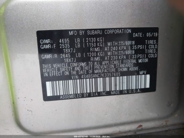 2019 SUBARU OUTBACK 4S4BSANC7K3357605 Photo 8