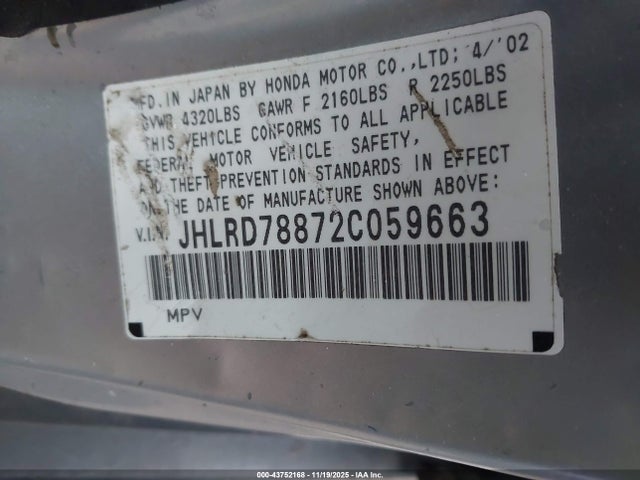 2002 HONDA CR-V JHLRD78872C059663 Photo 8