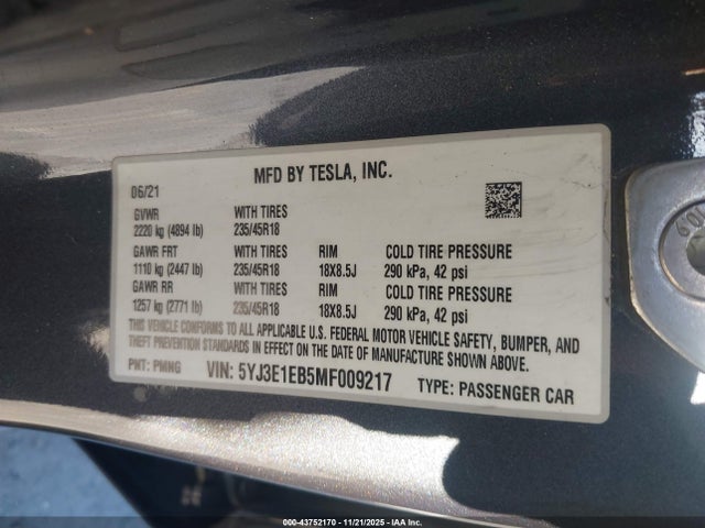 2021 TESLA MODEL 3 5YJ3E1EB5MF009217 Photo 8