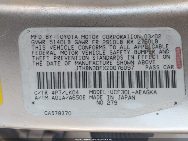 2002 LEXUS LS 430 JTHBN30FX20076097 Photo 8