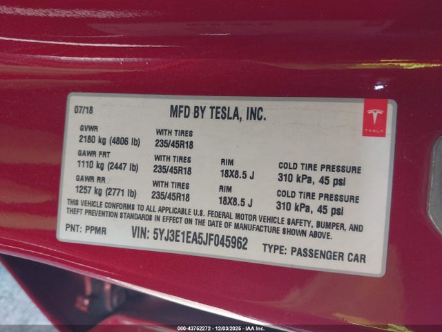 2018 TESLA MODEL 3 5YJ3E1EA5JF045962 Photo 8