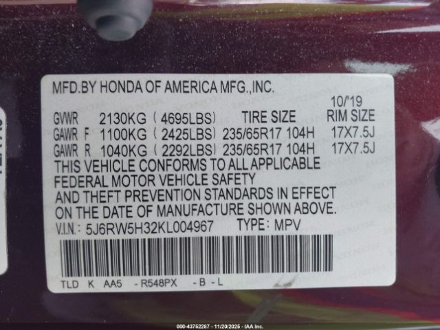 2019 HONDA CR-V 5J6RW5H32KL004967 Photo 8