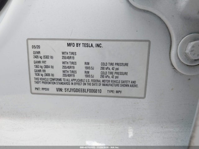 2020 TESLA MODEL Y 5YJYGDEE8LF006810 Photo 8