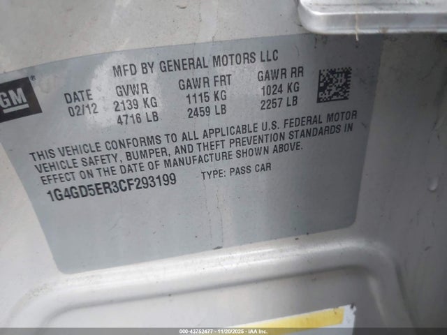 Продаж на аукціоні авто 2012 Buick Lacrosse Premium 1 Group, vin: 1G4GD5ER3CF293199, номер лоту: 43752477