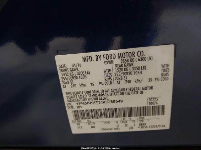 2016 FORD EXPLORER 1FM5K8HT3GGC68549 Photo 8