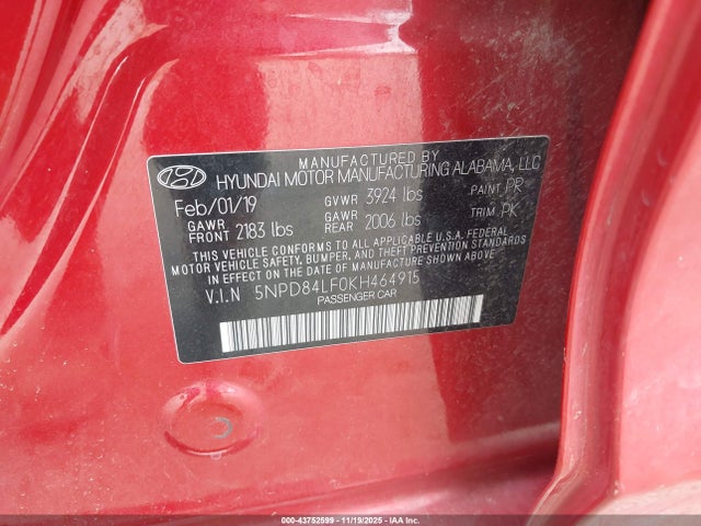 Hyundai mpi nu 2019 5NPD84LF0KH464915 Image 9
