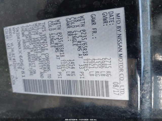 5N1DR2MNXJC606281 Nissan Pathfinder S