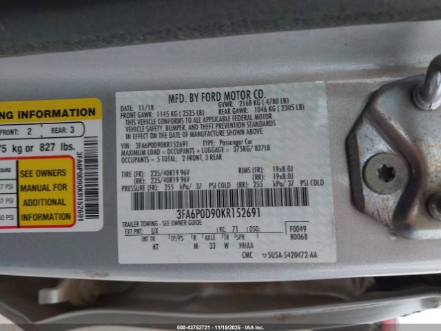 2019 FORD FUSION 3FA6P0D90KR152691 Photo 8