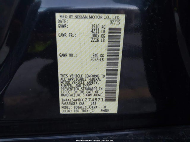 Nissan Altima 2.5 S 2015 1N4AL3AP0FC274871 Image 9
