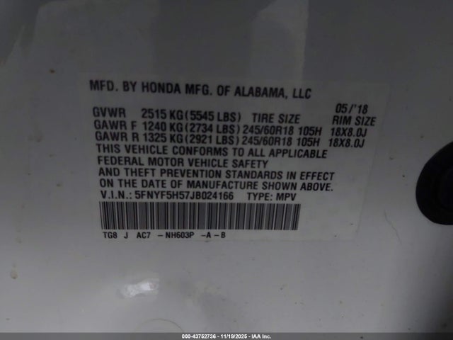 Honda Pilot Ex-l 2018 5FNYF5H57JB024166 Image 9