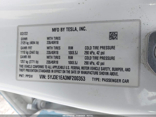 2022 TESLA MODEL 3 5YJ3E1EA3NF200353 Photo 8