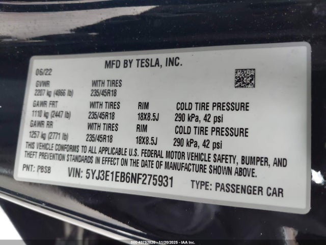 2022 TESLA MODEL 3 5YJ3E1EB6NF275931 Photo 8