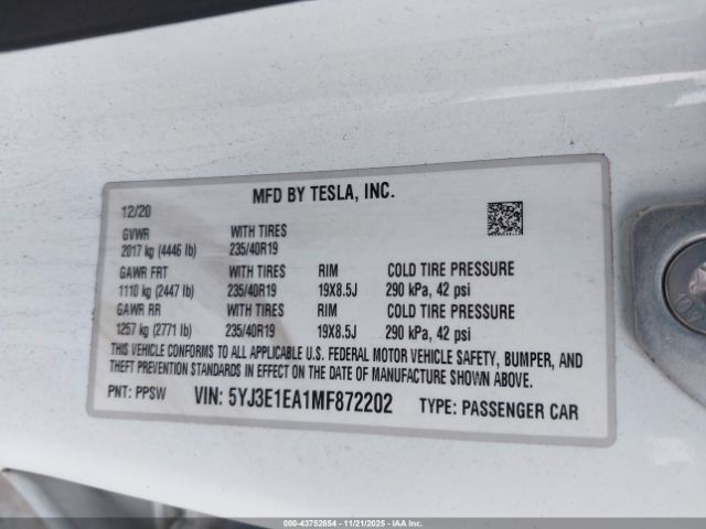 2021 TESLA MODEL 3 5YJ3E1EA1MF872202 Photo 8