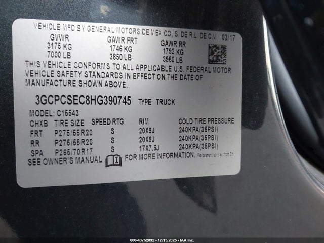 Chevrolet Silverado 1500 1lz 2017 3GCPCSEC8HG390745 Image 9