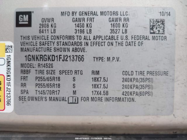 2015 CHEVROLET TRAVERSE 1GNKRGKD1FJ213766 Photo 8