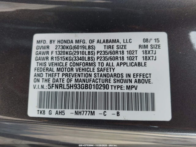 5FNRL5H93GB010290 Honda Odyssey Touring/touring Elite