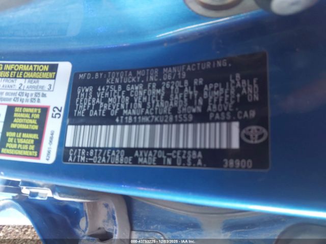 2019 TOYOTA CAMRY 4T1B11HK7KU281559 Photo 8