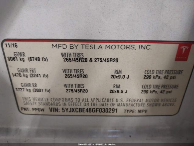 2016 TESLA MODEL X 5YJXCBE48GF030291 Photo 8