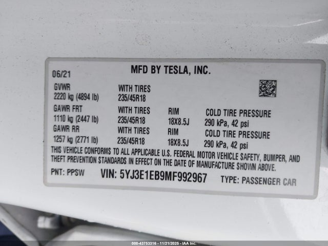 2021 TESLA MODEL 3 5YJ3E1EB9MF992967 Photo 8