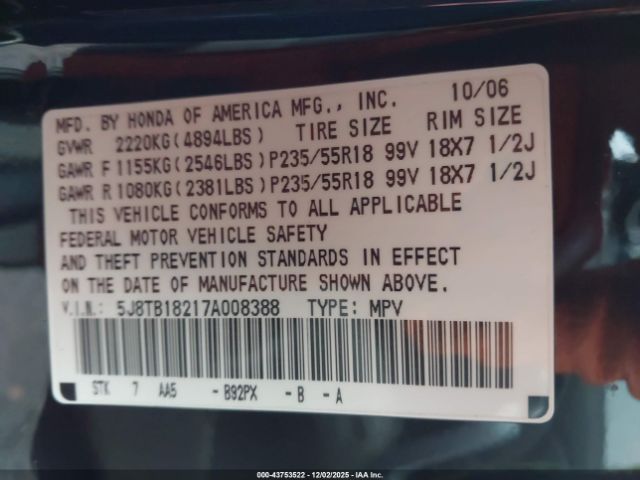 2007 ACURA RDX 5J8TB18217A008388 Photo 8