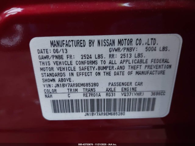 43753676 :رقم المزاد ، JN1BV7AR9EM685280 vin ، 2014 Infiniti Q50 Premium مزاد بيع
