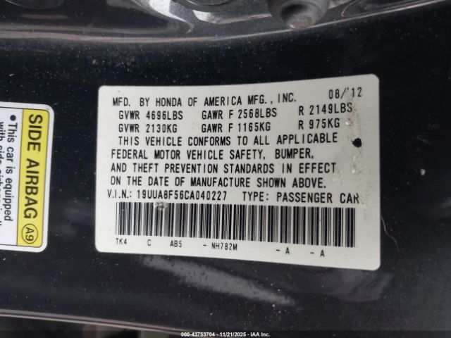 2012 ACURA TL 19UUA8F56CA040227 Photo 8