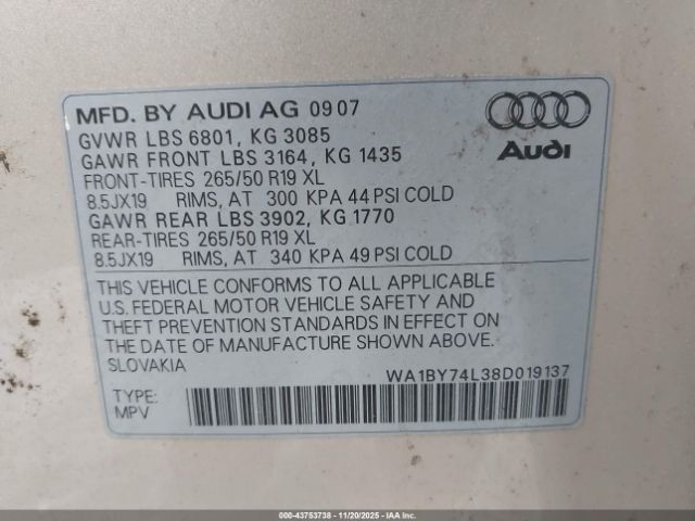 2008 AUDI Q7 WA1BY74L38D019137 Photo 8