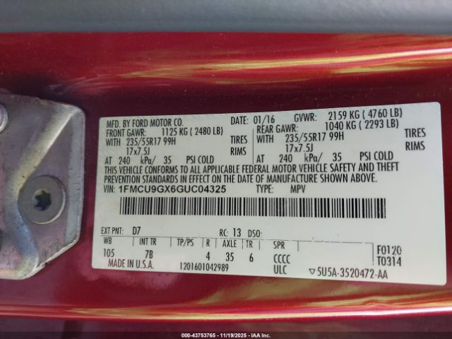 2016 FORD ESCAPE 1FMCU9GX6GUC04325 Photo 8