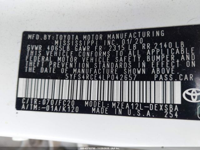 2020 TOYOTA COROLLA 5YFS4RCE4LP042657 Photo 8