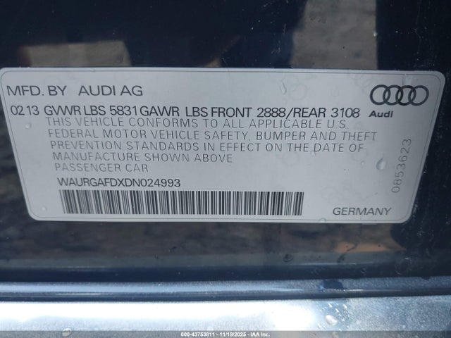 Продаж на аукціоні авто 2013 Audi A8 L 3.0t, vin: WAURGAFDXDN024993, номер лоту: 43753811