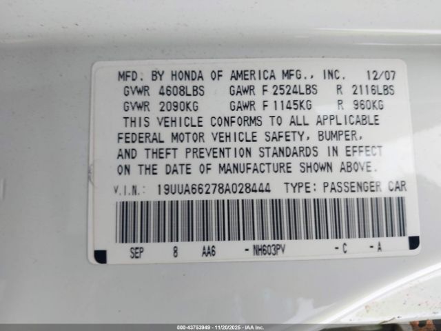 2008 ACURA TL 19UUA66278A028444 Photo 8