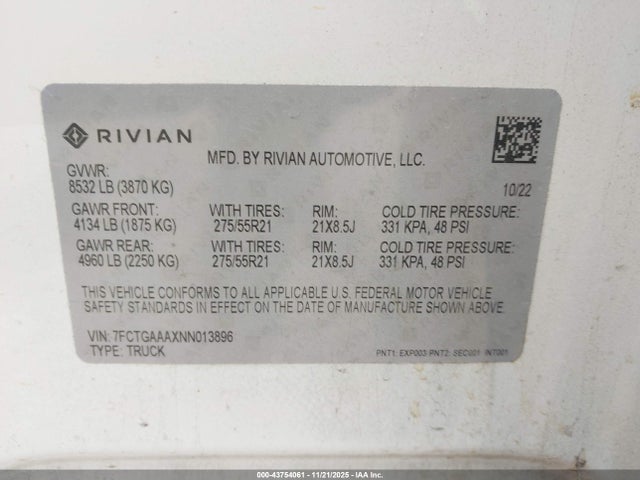 2022 RIVIAN R1T 7FCTGAAAXNN013896 Photo 8
