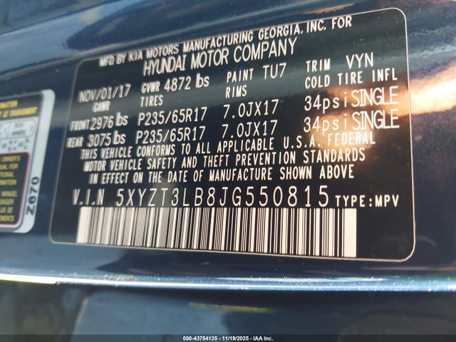 43754125 :رقم المزاد ، 5XYZT3LB8JG550815 vin ، 2018 Hyundai Santa Fe Sport 2.4l مزاد بيع