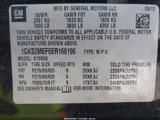 2014 Gmc Yukon Xl 1500 Denali მანქანა იყიდება აუქციონზე, vin: 1GKS2MEF6ER166196, აუქციონის ნომერი: 43754156