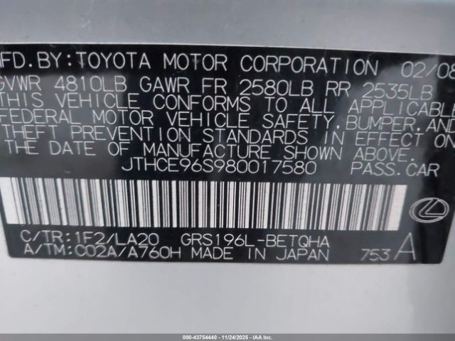 2008 LEXUS GS 350 JTHCE96S980017580 Photo 8