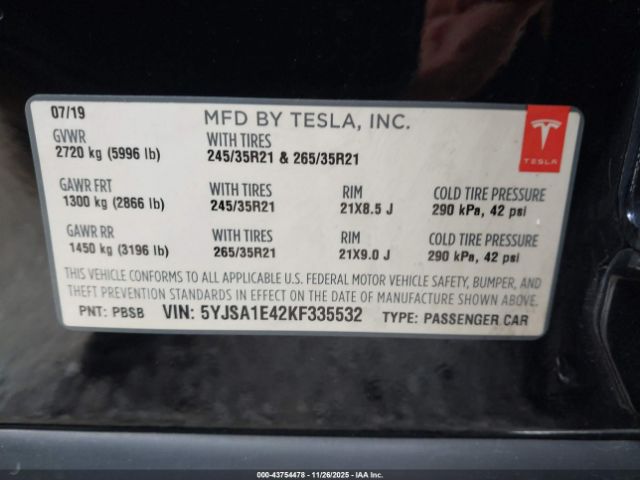 2019 TESLA MODEL S 5YJSA1E42KF335532 Photo 8