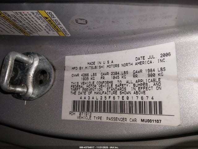 Продажа на аукционе авто 2007 Mitsubishi Eclipse Spyder Gs, vin: 4A3AL25F67E017674, номер лота: 43754517