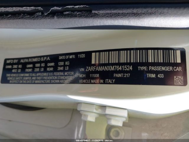 2021 ALFA ROMEO GIULIA ZARFAMANXM7641524 Photo 8
